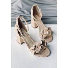 Mida Shoes Ten Süet Çiçekli Topuklu Ayakkabı