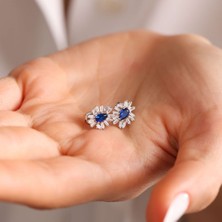 Sembol Gold Baget Taşlı Altın Safir Küpe