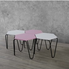 Veys Sehpa 4 Lü Piramit Zigon Sehpa - Siyah Ayaklı -  Beyaz - Pembe