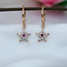 Kırmızı Beyaz Taşlı Minimal Yıldız Gümüş Küpe