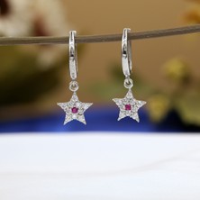 Kırmızı Beyaz Taşlı Minimal Yıldız Gümüş Küpe