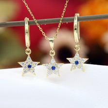 Lacivert Beyaz Taşlı Minimal Yıldız Gümüş Kolye Küpe Takım