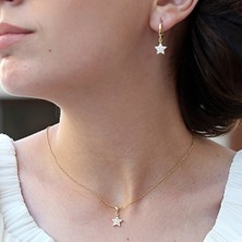 Beyaz Taşlı Minimal Yıldız Gümüş Kolye Küpe Takım