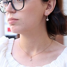 Kırmızı Beyaz Taşlı Minimal Yıldız Gümüş Kolye Küpe Takım