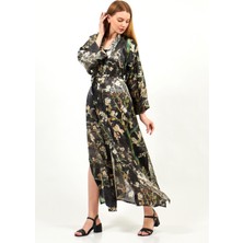 Nomads Felt %100 Ipek Kimono Sabahlık Gri Kaftan Almond Blossoms Desenli