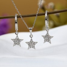 Beyaz Taşlı Minimal Yıldız Gümüş Kolye Küpe Takım
