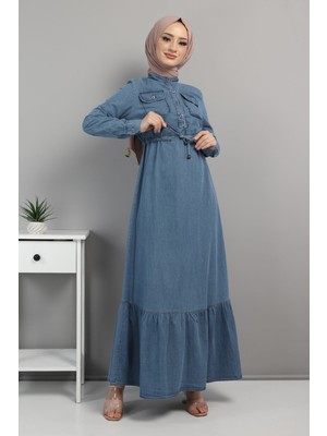 Yarım Düğmeli Kot Elbise Açık Mavi