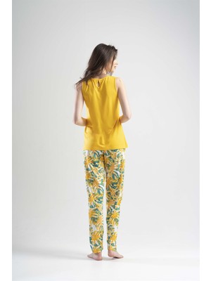Sarı Bayan Kalın Askılı Pijama Takım