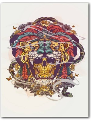 Cakatablo Ahşap Tablo Illütrasyon Aslan Çiçek Kelebek Görsel (25X35 cm Boyut)