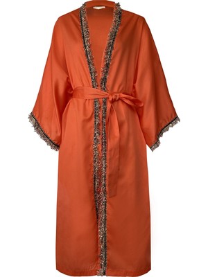 MAREVER FASHION Şerit Püsküllü Saten Vual Kimono&kaftan Oranj