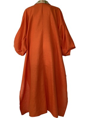 MAREVER FASHION Brokar Patlı Keten Kaftan Oranj