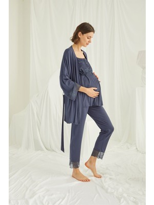 Monamise Dantelli Önü Düğmeli Hamile Lohusa 3'lü Sabahlık Takımı 18211