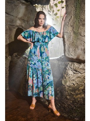 Monamise Kuş ve Yaprak Desenli Omzu Açık Parçalı Elbise 21009