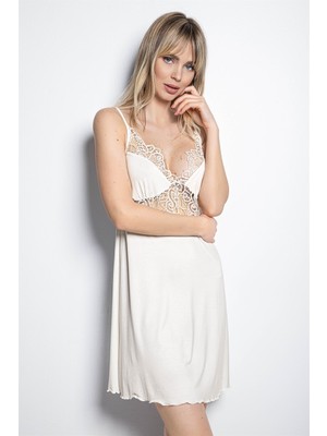 Monamise Dekolteli Brode Dantelli Askılı Gecelik 19164