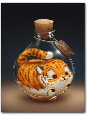 Cakatablo Ahşap Tablo Mantar Tıpalı Şişe Içindeki Sarı Kedi (25X35 cm Boyut)