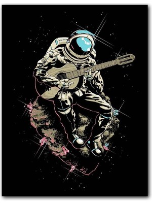 Cakatablo Ahşap Tablo Göktaşı Üstünde Gitar Çalaın Astronot Görseli (25X35 cm Boyut)