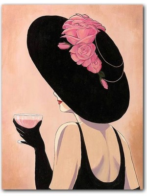 Cakatablo Ahşap Tablo Şapkalı Kadın Pembe Kadehli Görsel (35X50 cm Boyut)
