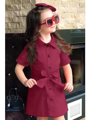 Riccotarz Kız Çocuk Önü Düğmeli Gömlek Yakalı ve Tokalı Bordo Trençkot Elbise