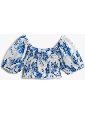 Koton Çiçekli Crop Bluz Balon Kollu Düşük Omuz Gipe Detaylı