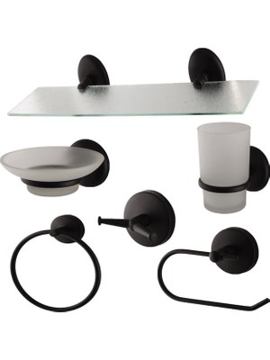 Fndhome Siyah Paslanmaz Etejer Bornoz Askısı Uzun Havluluk Diş Fırçalık Sabunluk Wc Kağıtlık 6'lı Set