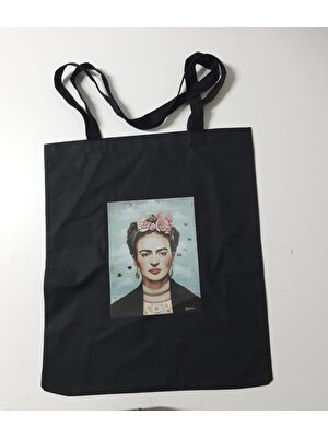 Modadem Frida Kahlo Baskılı Bez Çanta - Pazar Market Çantası - Kitap Çantası Siyah