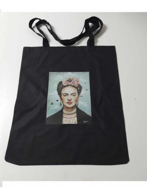 Modadem Frida Kahlo Baskılı Bez Çanta - Pazar Market Çantası - Kitap Çantası Siyah