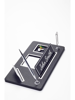 Turgut Office Organizer Deri Masa Isimliği Siyah Krom Detaylı - Isimlik - Imza Kalemi - Not Tutacağı - Notluk - Kartvizitlik ve Ataçlık