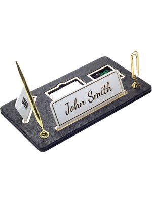 Turgut Office Organizer Deri Masa Isimliği Siyah Ahşap Detaylı - Isimlik - Imza Kalemi - Not Tutacağı - Notluk - Kartvizitlik ve Ataçlık