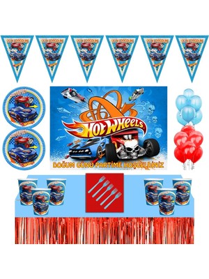 Hot Wheels  Doğum Günü 24 Kişilik 70X100 cm Afişli Hot Wheels  Parti Malzemeleri Seti Masa Etekli