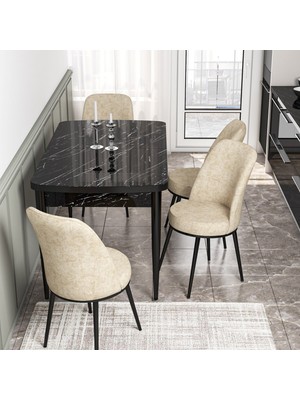 Canisa Concept Kor Serisi, 70X114 Açılabilir Mutfak Masa Takımı, Siyah Mermer Masa ve 4 Sandalye