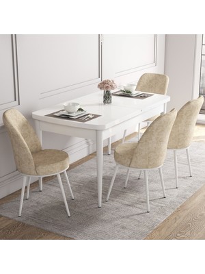 Canisa Concept Kor Serisi, 70X114 Açılabilir Beyaz Mutfak Masa Takımı,4 Sandalye