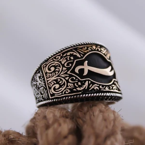 Osmanlı Gümüş Zülfikar Kılıcı Motifli Yanı Işlemeli Özel Seri Erkek Gümüş Yüzük