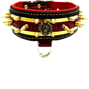Tasma Market Kırmızı-Sarı Çivili Aslan Başlı Paslanmaz Çelik Plaka Deri Köpek Tasması