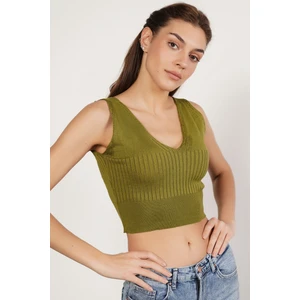 Trist Star Kadın OLIVE  Organik Pamuk Likralı Crop Triko Atlet  Örme Bluz TRIST-6109