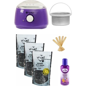 Ağda Makinesi Mor 800 Alfa+Ek Hazne+Vivet Siyah 3x250ml Boncuk Ağda+5 Spatula+Vivet 125ml Yağ