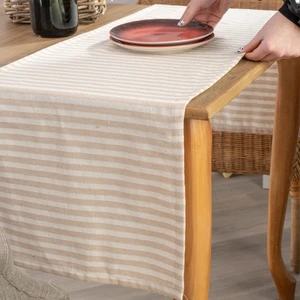 Sütlü Kahve Çizgili Keten Kumaş 42x150 cm Runner Masa Örtüsü