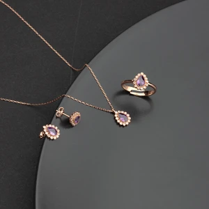 Miavi Silver 925 Ayar Gümüş Ametist Renkli Damla Model Kolye Küpe Yüzük Takı Seti
