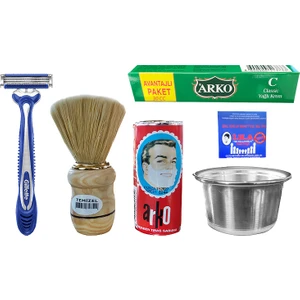 Tıraş Seti - Arko Tıraş Sabunu, Metal Tıraş Kasesi, Tıraş Fırçası, Gilette Blue3, 30 Cc Krem, İha Kan Taşı