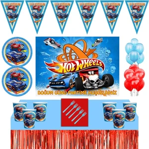 Hot Wheels  Doğum Günü 24 Kişilik 50X70 cm Afişli Hot Wheels  Parti Malzemeleri Seti Masa Etekli