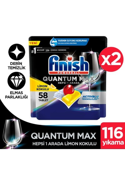 Finish Quantum Max Bulaşık Makinesi Deterjanı Tableti / Kapsülü Limonlu 116(58x2) Yıkama