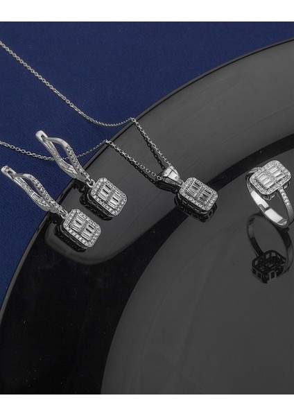 Zarif Tasarım Baget Taşlı Gümüş Takı Seti