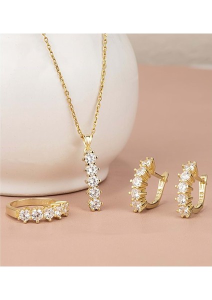 Elmas Modeli Beş Taş Gümüş Takı Seti