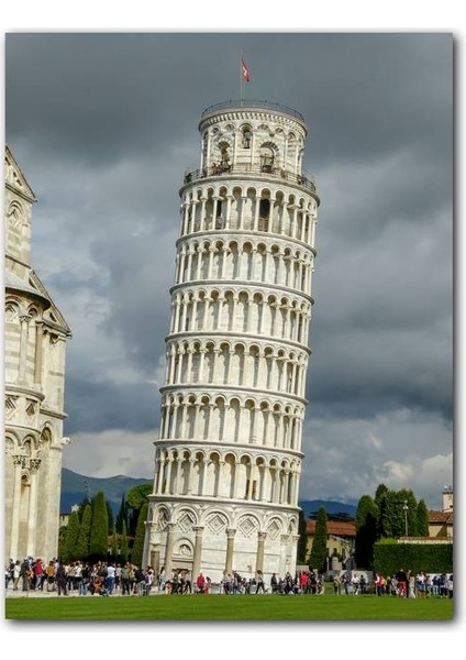 Cakatablo Ahşap Tablo Pisa Kulesi Ziyaretçiler ve Yağmur Bulutları (25X35 cm Boyut)