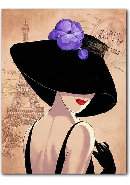 Cakatablo Ahşap Tablo Paris Zeminde Şapkalı Kadın Görseli (25X35 cm Boyut)