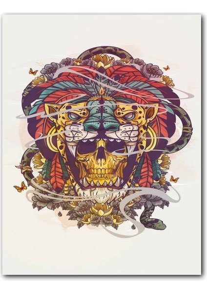 Cakatablo Ahşap Tablo Illütrasyon Aslan Çiçek Kelebek Görsel (25X35 cm Boyut)