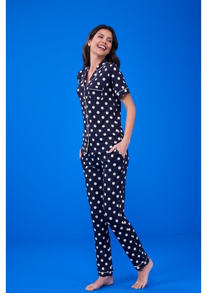 Kısa Kollu Boy Düğmeli Kadın Pijama Takımı 23144 - Lacivert fiyatları
