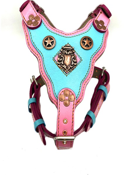 Pembe-Mavi Yıldızlı Dişi Deri Köpek Göğüs Tasması