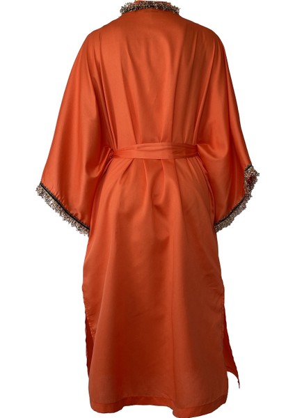 MAREVER FASHION Şerit Püsküllü Saten Vual Kimono&kaftan Oranj