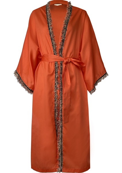 MAREVER FASHION Şerit Püsküllü Saten Vual Kimono&kaftan Oranj