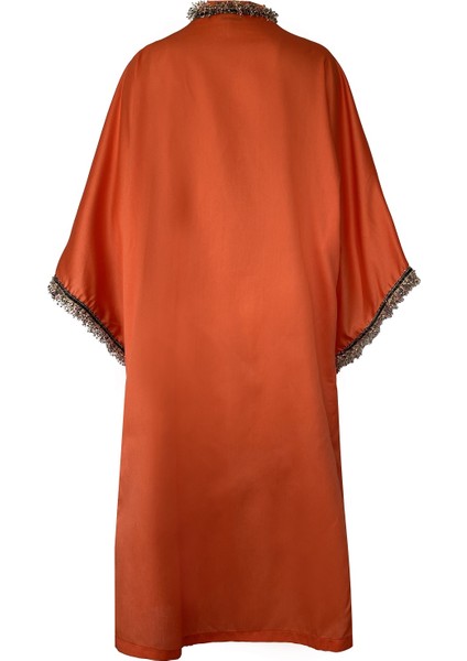 MAREVER FASHION Şerit Püsküllü Saten Vual Kimono&kaftan Oranj